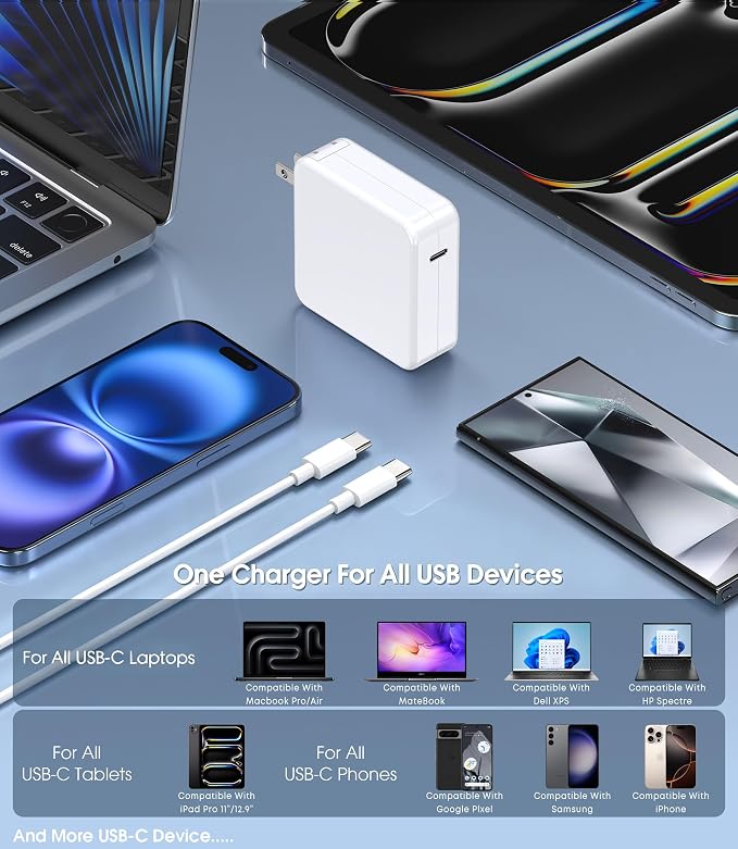 100W GaN USB-C Laptop Charger for MacBook Pro/Air Power Adapter | Compatible with MacBook Pro/Air M1-M5, 13-16 Inch, iPad Pro, Samsung Galaxy and more USB-C devices with foldable plug - Image 5