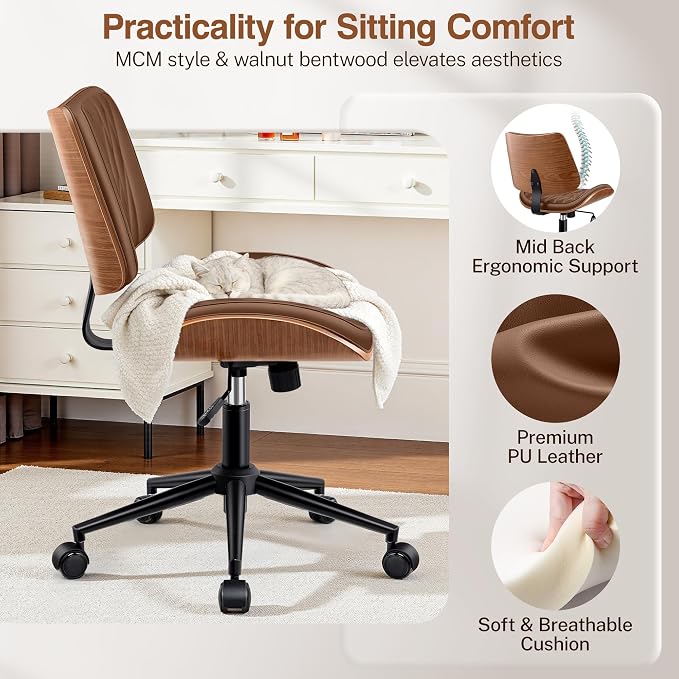 Ergonomic Armless Office Desk Chair - Mid-Century Modern Brown Faux Leather with Diamond Stitch, Adjustable Height Swivel Rolling Task Computer Chair with Walnut Accent for Home Office, Study & Work - Image 3