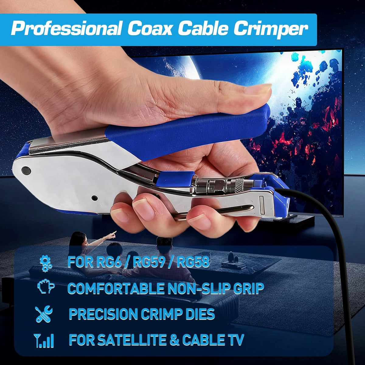 Coax Cable Crimper Kit for RG59 RG6, 3-in-1 Coaxial Tool Set, Includes Stripper & 20PCS F Connectors, Compatible with RG11/RG7, for Satellite TV, Home Theater & Network Cabling - Image 6