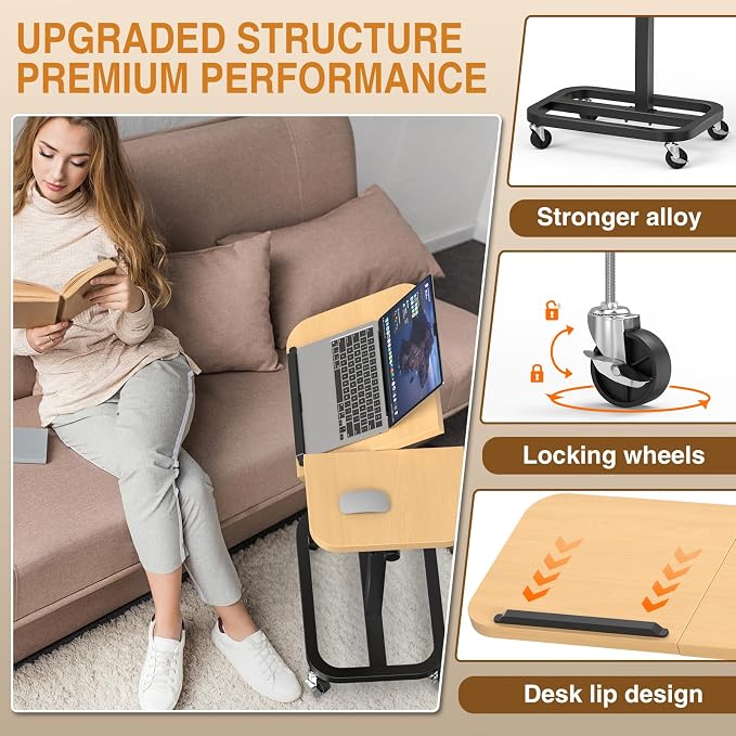 Portable Rolling Over Bed Laptop Desk, Adjustable Height and Tilt for Home | Alentar Large-Size Mobile Laptop Stand for Bed, Sofa TV Tray with Wheels, Sturdy Welded Metal Frame, Wood, 25” x 12.99” - Image 4
