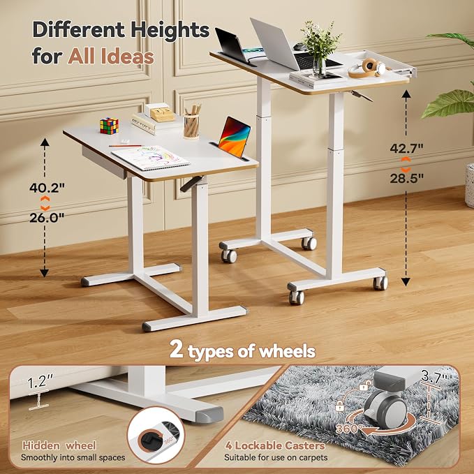Mobile Standing Desk with Drawer, Height Adjustable, 35" White | Small Rolling Desk & Table, Pneumatic Computer Sit Stand Workstation, Portable Laptop Cart w/ Hidden Wheels, Lockable Casters - Image 3