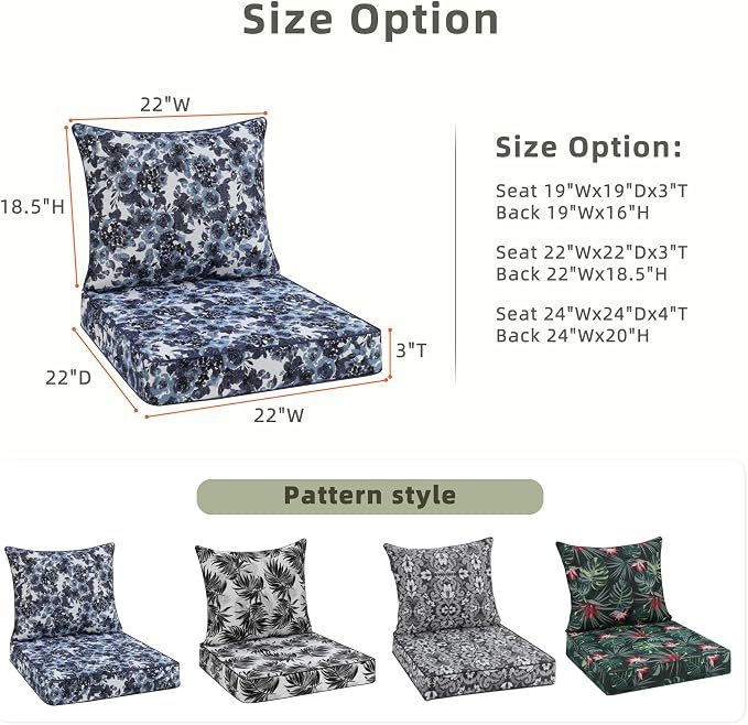 Favoyard Outdoor Deep Seat Patio Cushions Set, 22" x 22", Rainproof, Garden | Fade Resistant, Removable Bottom & Back Cushion, Tie Straps for Patio Furniture, Rocking Chair, Sofa Couch, Blue Floral - Image 2