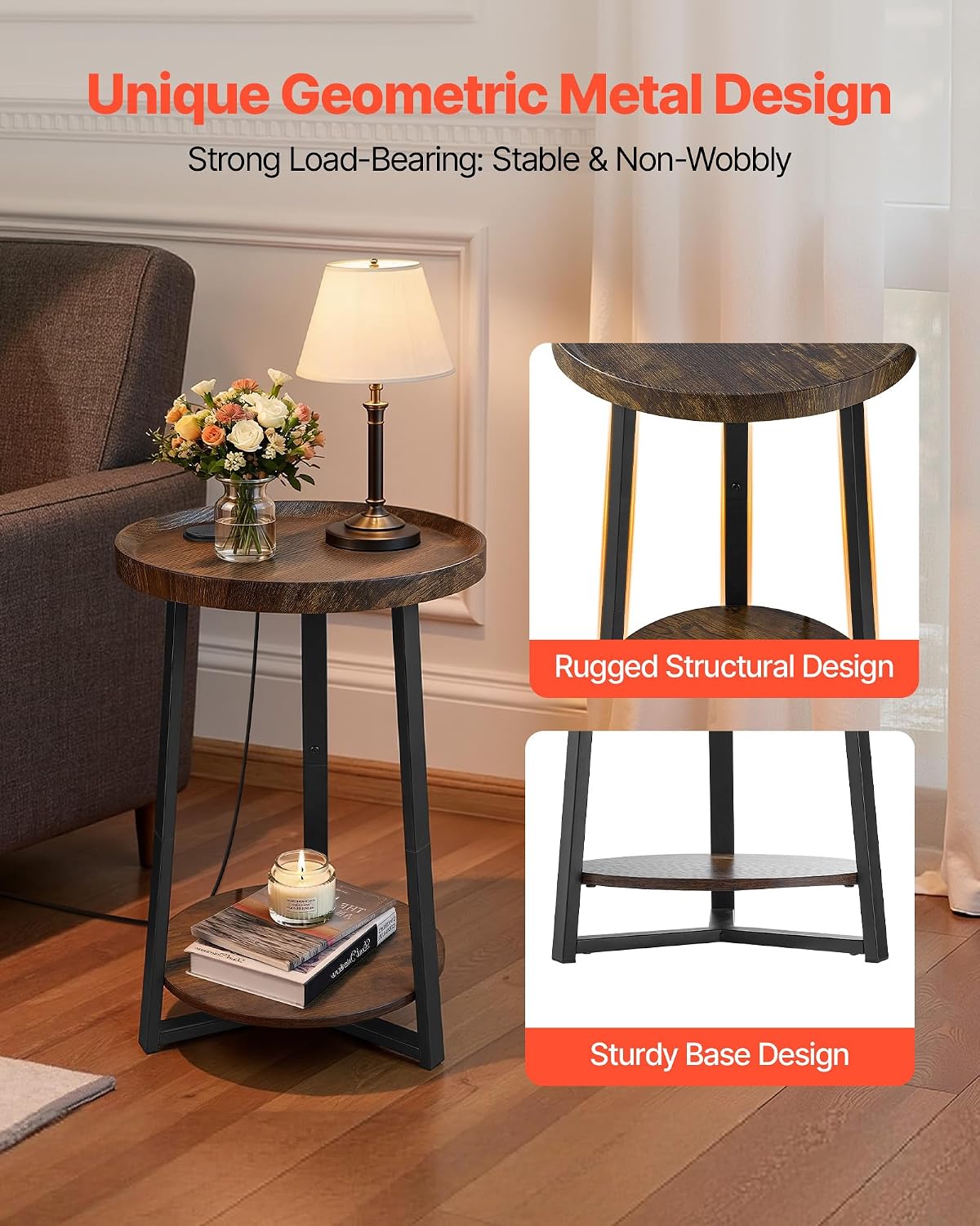 VEVOR Round Side Table with Charging Station, 15.7" Metal Round End Table with Storage Shelves, 4.9ft Power Cord, Modern Nightstand for Bedroom, Living Room, Office – Brown - Image 7