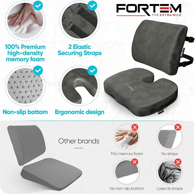 FORTEM Seat Cushion & Lumbar Support for Office Chair, Wheelchair, Car | Memory Foam | Ergonomic Design | Washable Cover | Non Slip | Dark Grey - Image 7