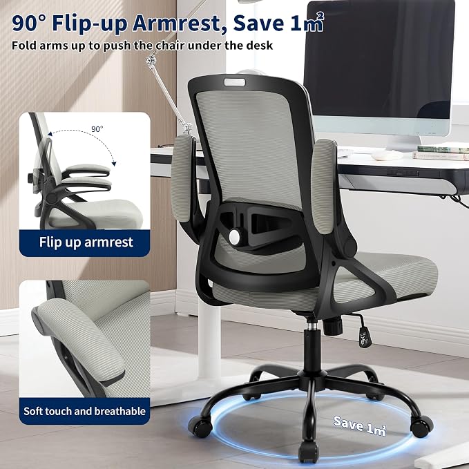 Ergonomic Office Chair Desk Chair with Adjustable Lumbar Support | Mesh Computer Chair Home Office Desk Chair with Flip-up Armrests Executive Task Chair Comfy Mesh Gaming Chair (Dark Gray) - Image 7