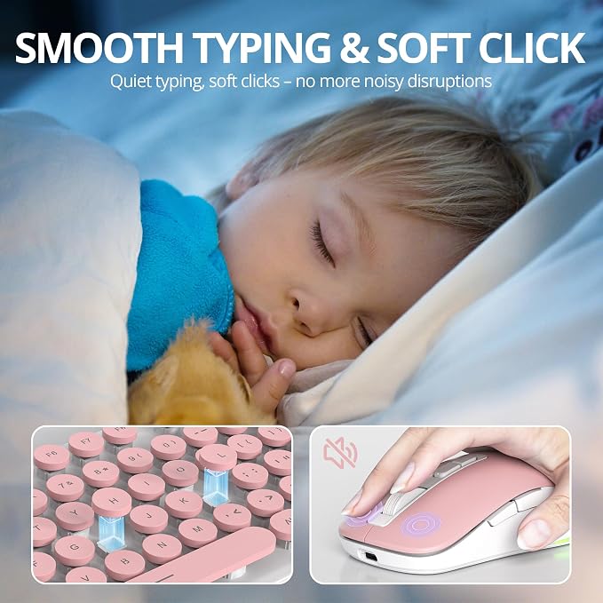 Backlit Pink Keyboard and Mouse Wireless, 2.4GHz Light Up Typewriter Rechargeable Quiet Keyboard Cordless with USB Receiver for PC/Laptop(Pink) - Image 5