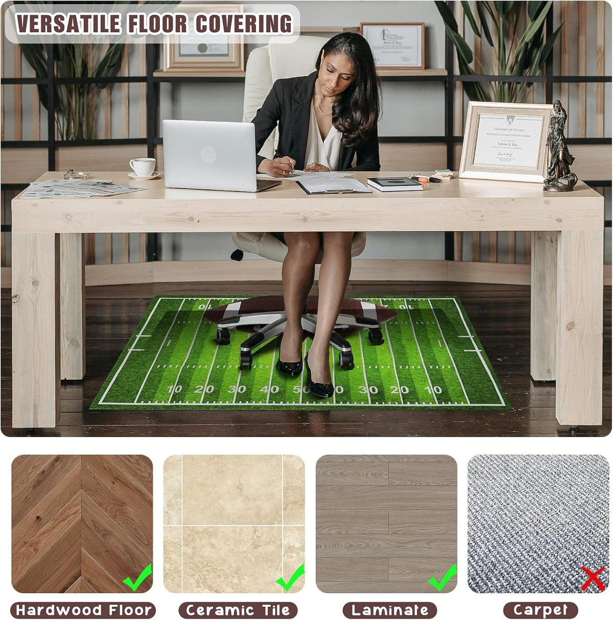 Gaming Chair Mat for Hardwood Floor 36"X 48" Heavy Duty Office Desk Chair Rug for Under Game Rolling Chairs Computer Decor Protect Mats Low Pile Non-Slip Rubber for Carpet & Tile Floor-Football - Image 2