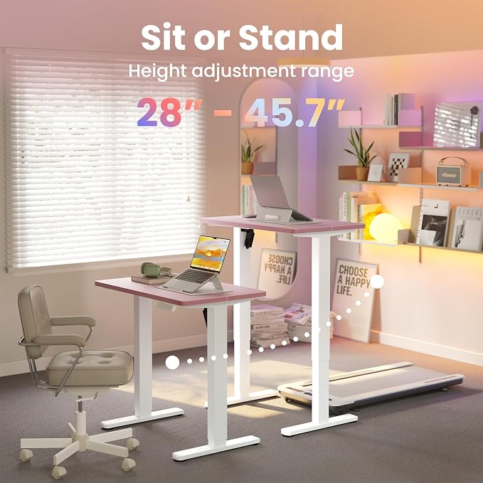 HUANUO 32x19 Inch Small Electric Standing Desk, Adjustable, Pink | 176 Lbs Capacity, Rounded Corners, Wheel-Ready Feet, Compact Desktop, Apartment Workspace, 28.3–46.5 Inch Height Range - Image 5