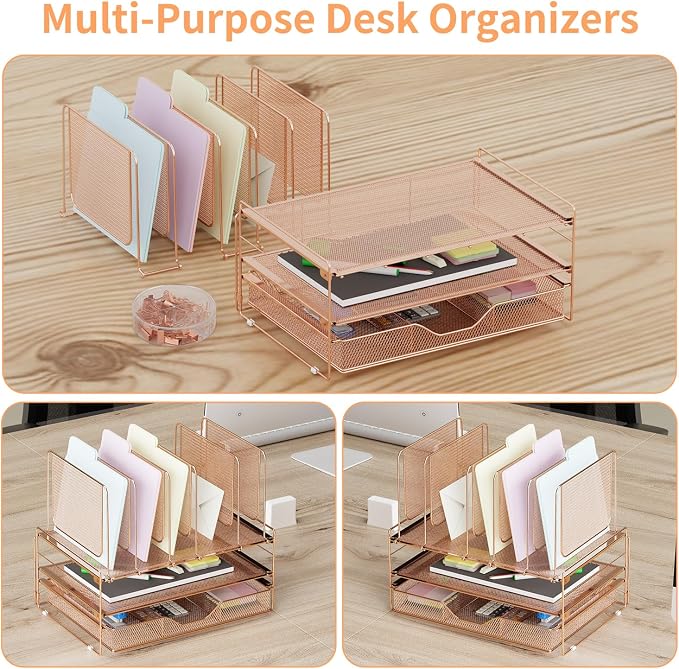 LEKETREE Rose Gold Desk Organizer, Office Organization with Vertical File Holder, File Organizer with Drawer and Office Supplies, Desk Accessories and Workspace Organizers (Rose Gold) - Image 6