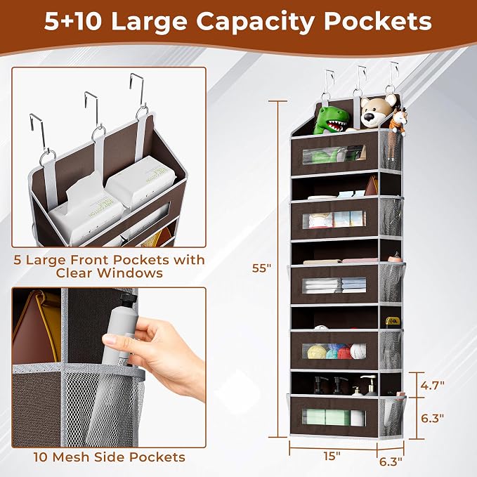 5 Tier Over the Door Organizer for Bathroom, Bedroom, Pantry, Brown | 48 lb Load Capacity, Anti Tilt Design, Hanging Closet Organizer with Clear Windows and 10 Pockets, Door Storage for Nursery - Image 2