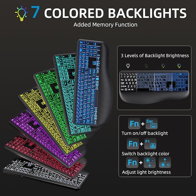 Hamile Large Print Wireless Backlit Keyboard for Windows, Black | Rechargeable keyboard with quiet low-profile keys, 7-color backlight memory, full-size layout, and extra-large wrist rest - Image 3