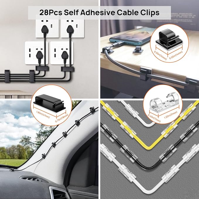 Cable Management Kit - 4 Cable Sleeve, 57 Self Adhesive Cable Clips, 12 Hanging Strips, 12 Cable Organizer Straps and 100 Fastening Cable Ties for TV Computer Under Desk (Black and White) - Image 4