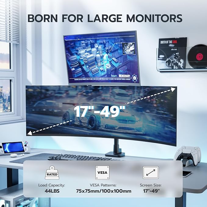 ARES WING Dual Monitor Mount for 17-49 Inch Screen, Black | Ultrawide Heavy Duty Computer Monitor Arm Desk Mount for Curved Screen, Gas Spring Adjustable Vesa Stand - Image 2