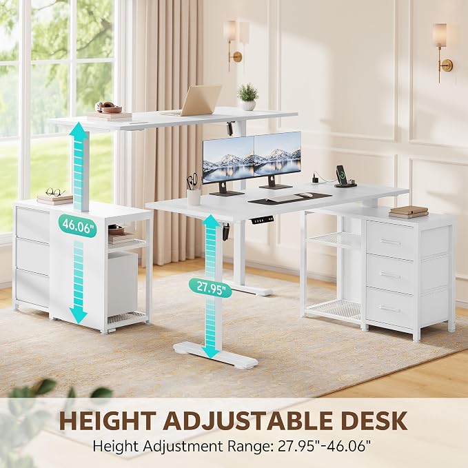 47 Inch L Shaped Desk with 3 Drawers Electric Standing Desks White | with Storage Computer Table Adjustable Height with Power Outlets 4 Memory Presets for Home Office, White - Image 3