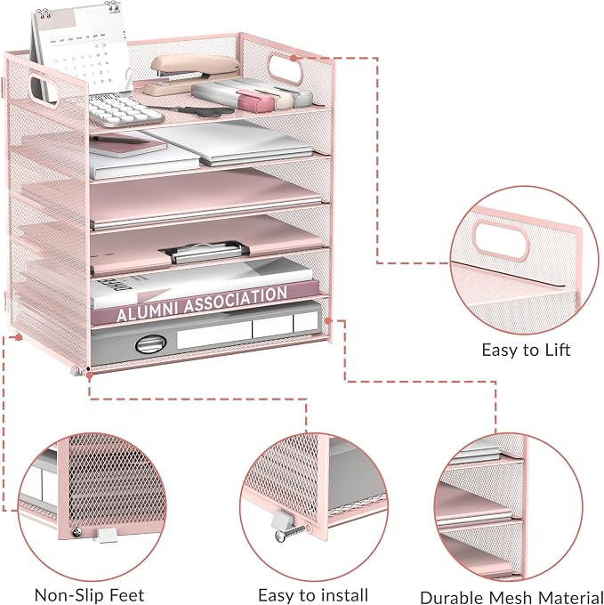 Daltack 6-Tier Paper Organizer for Desk with Handle, Pink | Sturdy Metal Mesh Organizer with Movable Middle Trays and a Carry Handle for Papers, Folders and Office Supplies - Image 4