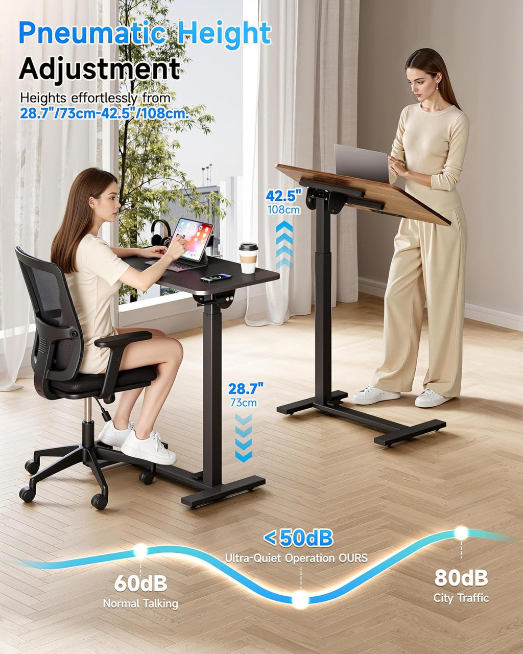 Mobile Standing Desk Laptop Desk Pneumatic with Wheels 180° Tilt Top Hospital Bed Table Portable Rolling Cart Foldable Bedside Table for Hospital&Home Use, Walnut - Image 6