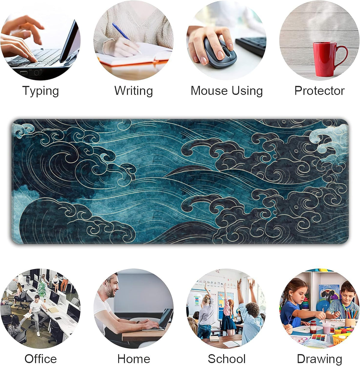 Japanese Sea Waves Mouse Pad,XL 31.5"x11.8" Big Gaming Mousepad,Japanese Sea Waves Large Extended Mouse Mat,Non-Slip Rubber Base Waterproof with Stitched Edges for Gaming Office Home - Image 6