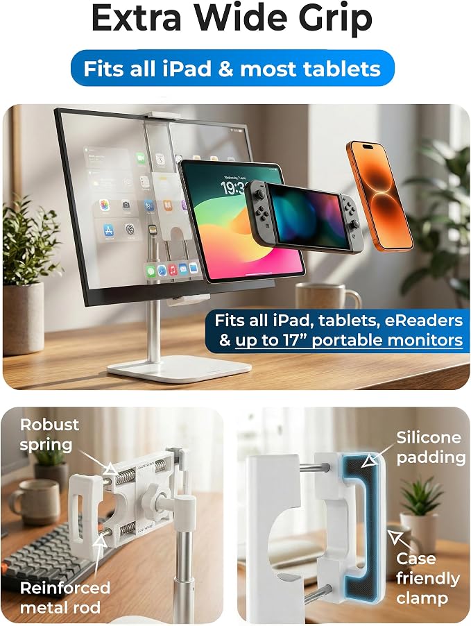 COOPER TabStand Mini 10" Tablet Stand, iPad Stand for Desk, Tablet Mount | 7.5-10" Adjustable, Weighted Base, Strong Grip, Portable Monitor Holder, Tripod iPad Holder; Fits Samsung, Kindle, iPad Pro - Image 7