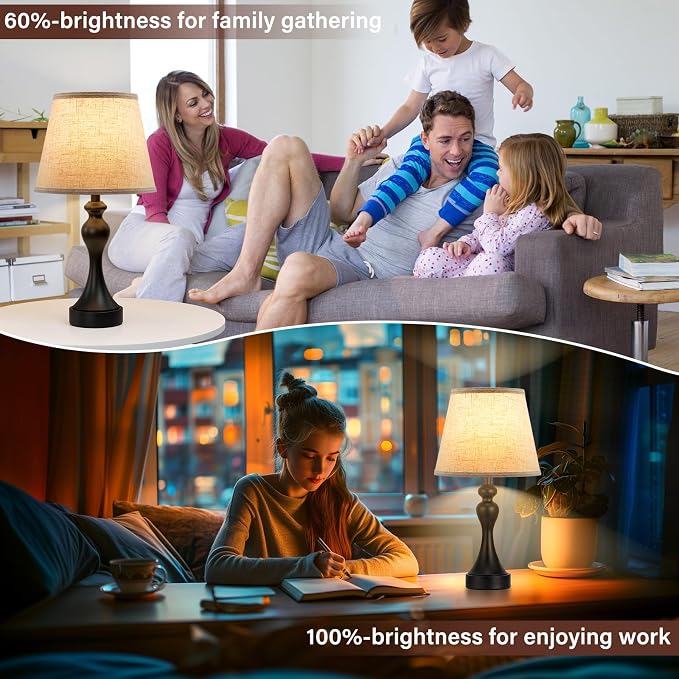 Touch Lamps for Nightstand, 3 Way Dimmable Bedside Lamps with USB C+A Ports | Touch Control, LED Bulb Included, Small Black Table Lamp for Bedroom, Night Stands, End Table, Gift，Corded，Beige Shade - Image 6