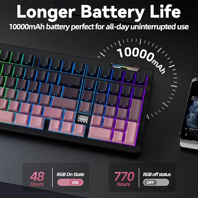 LINGBAO K98 Wireless Mechanical Gaming Keyboard, Tri-Mode Gasket Hot Swap | Linear Switches Creamy Keyboard with Number Pad,96% Layout RGB Backlit Mechanical Keyboard for PC Laptop, Custom Software - Image 4