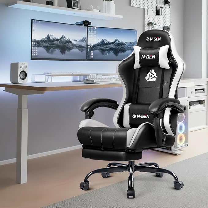 N-GEN GAMING Gaming Chair, Footrest, Lumbar, High-Back, White Black | Reclining Backrest, Linkage Armrests, Durable PU Leather, Adjustable Comfort for Extended Computer, Desk, or Home Office Use - Image 2