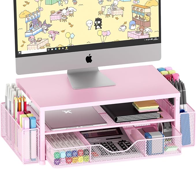 Desk Organizer and Accessories, 2-Tier Computer Monitor Stand Riser with Drawer and 2 Pen Holders, Laptop Stand, Office Desk Accessories for Office Supplies, 1 Pack, Pink by OPNICE