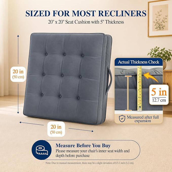 Allaboutsla Recliner Seat Cushion, 20x20x5 Lift Chair Cushion for Elderly | Thick Dual-Layer Recliner Cushion Adds Height, Comfy Recliner Cushions for Long Sitting, Non-Slip Chair Pad for Recliner Gray - Image 8