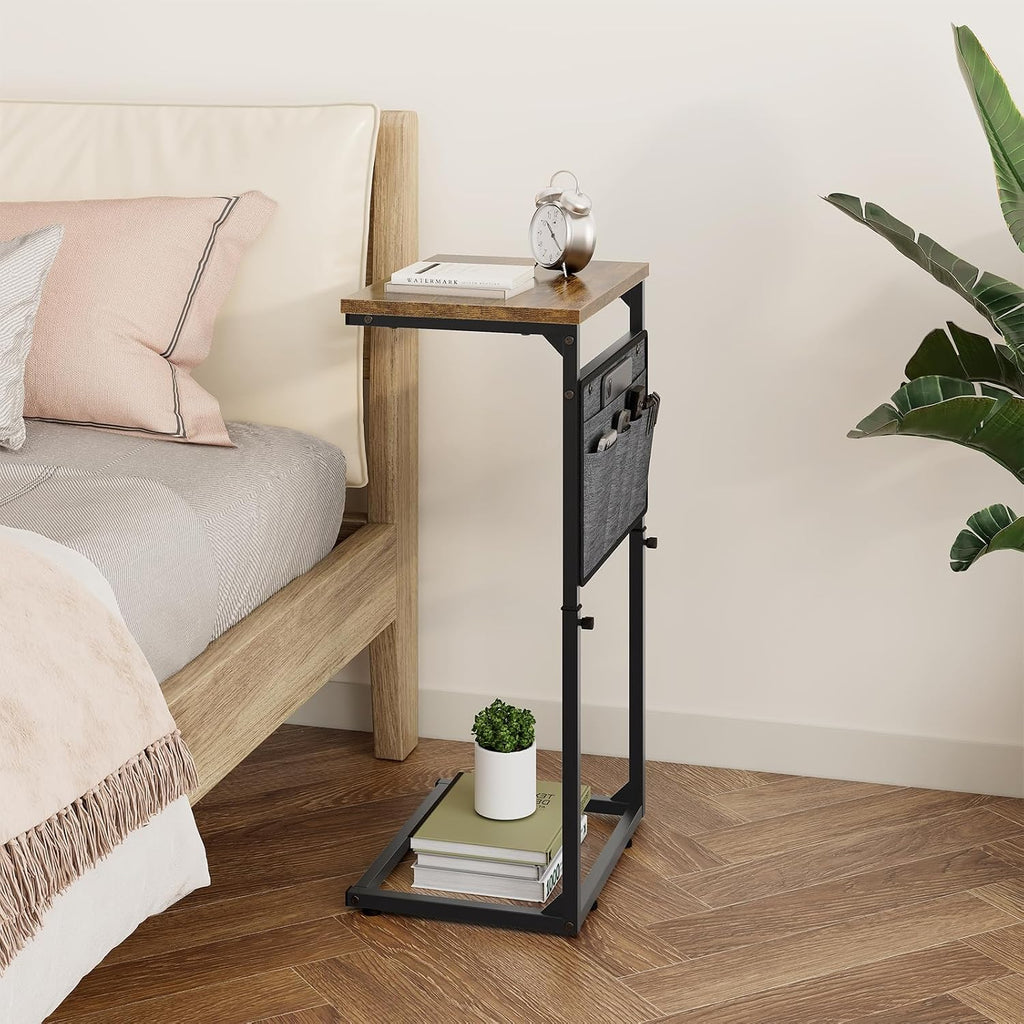 C Shaped End Table, Small Side Table for Couch, Adjustable Height Sofa Table with Metal Frame for Living Room, 33'' Tall Side Table for Couch, Bedroom, Bedside, Rustic Brown and Black - Image 6