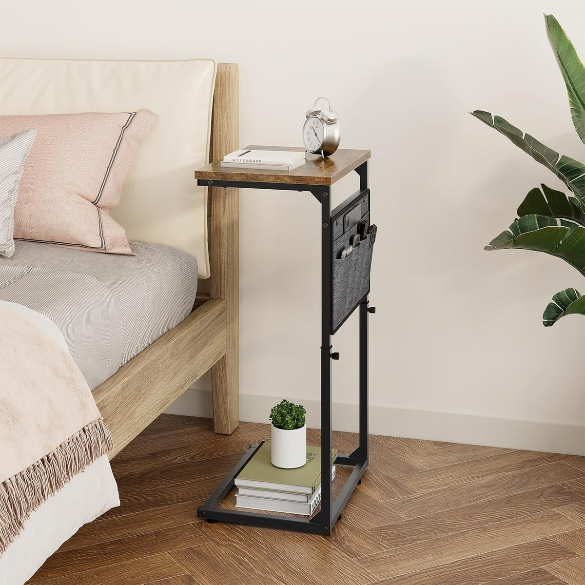 C Shaped End Table, Small Side Table for Couch, Adjustable Height Sofa Table with Metal Frame for Living Room, 33'' Tall Side Table for Couch, Bedroom, Bedside, Rustic Brown and Black - Image 6