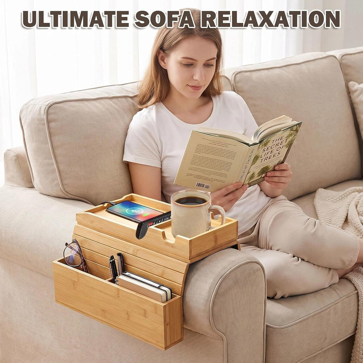 Magnetic Bamboo Couch Arm Tray with Cup Holder, Fits 6.3"+ Sofa Arms - Image 6