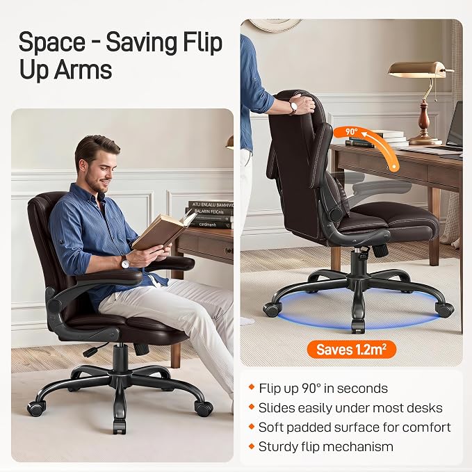 Office Chair, Executive Mid-Back Computer Desk Chair with Flip-up Armrests | 300 Lbs Ergonomic Leather Swivel PC Chair with Rock Function for Working Studying (Coffee) - Image 4