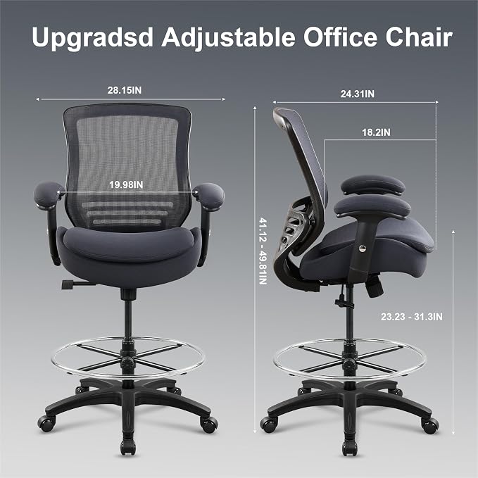 400lbs Office Drafting Chair Wide Dual Seat Cushion Height Adjustable Armrest for High Standing Desk with Lumbar Support and Enlarged Adjustable Footrest (Black Frame Gray Fabric) - Image 3