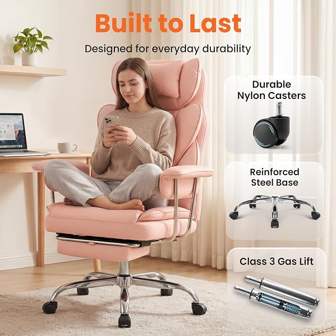 NEO CHAIR Big & Tall Leather Office Chair, High Back, Lumbar Support, Pink | Gaming Chair for Adults and Computer Use, Reclining Office Chair with Foot Rest, Massage, Comfy Design and Heavy Duty Support - Image 8