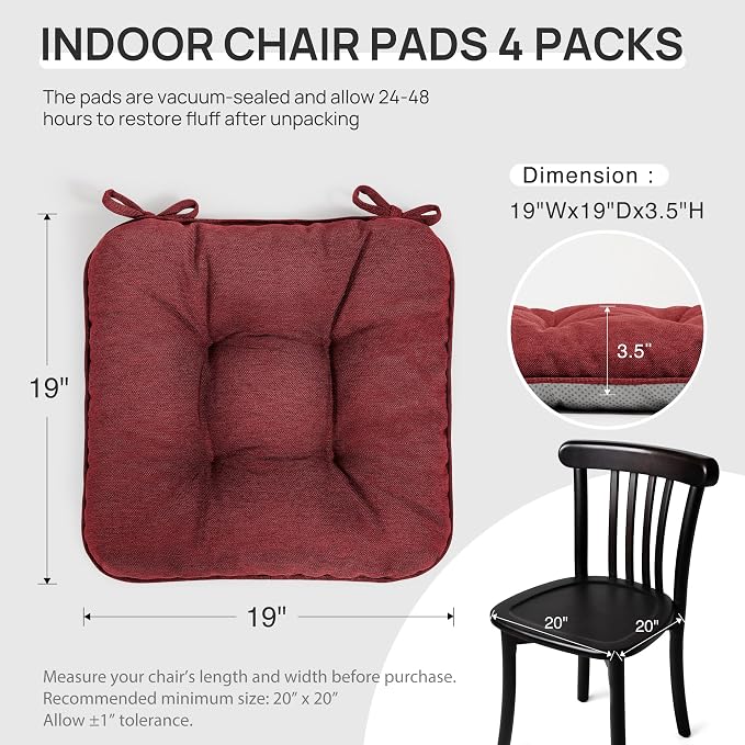 Love's cabin Memory Foam Chair Cushions Set of 4, 19 Inch, Burgundy | 19"x19"x3.5", Indoor & Outdoor Chair Seat Pads with Non-slip Bottom and Ties, for Dining, Kitchen, Office and Patio Chair - Image 2