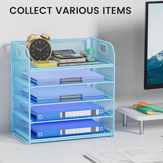 Paper Organizer Letter Tray with Handle Mesh 5-Tier | Stackable Desk Organizer for Files/Paper/Office Supplies, Sturdy Carbon Steel Desk Organizer for Home Office & Classroom - Image 7