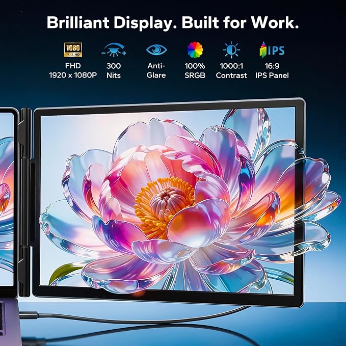 Laptop Screen Extender, Triple Screen Laptop Monitor Extender for 13”-17.3” Laptop, 14” 1080P FHD IPS Portable Monitor with 100% sRGB, Plug & Play Monitor Extension for Business Travel,Coding & Gaming - Image 2