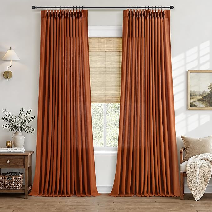 Hokibero Terracotta Pleated Linen Curtains 108 Inch Long for Living Room | Burnt Orange Light Filtering Sheer Curtain,Pinch Pleat Back Tab Hooks Rings,Boho Textured Privacy Drapes for Bedroom,2 Panels by Hokibero