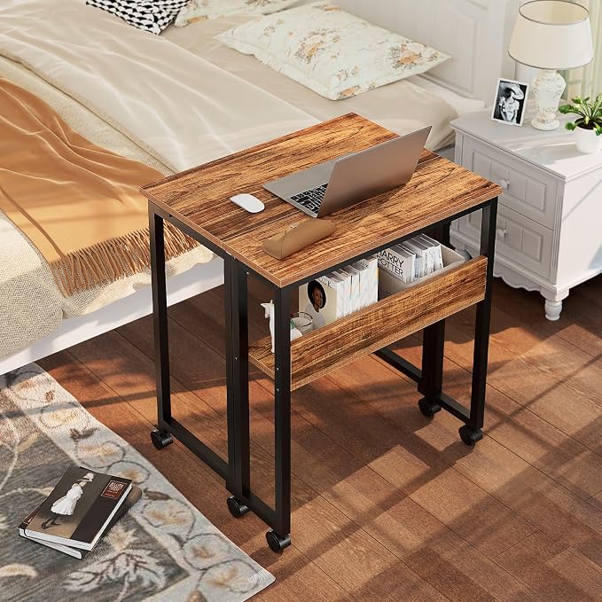 GreenForest Folding Desk with Wheels, 31.5" Rolling Table for Small Spaces | Storage Shelf, Lockable Casters, Compact Portable Workstation, Space-Saving Foldable Sofa Table, Home Office, Mobile, Walnut - Image 2