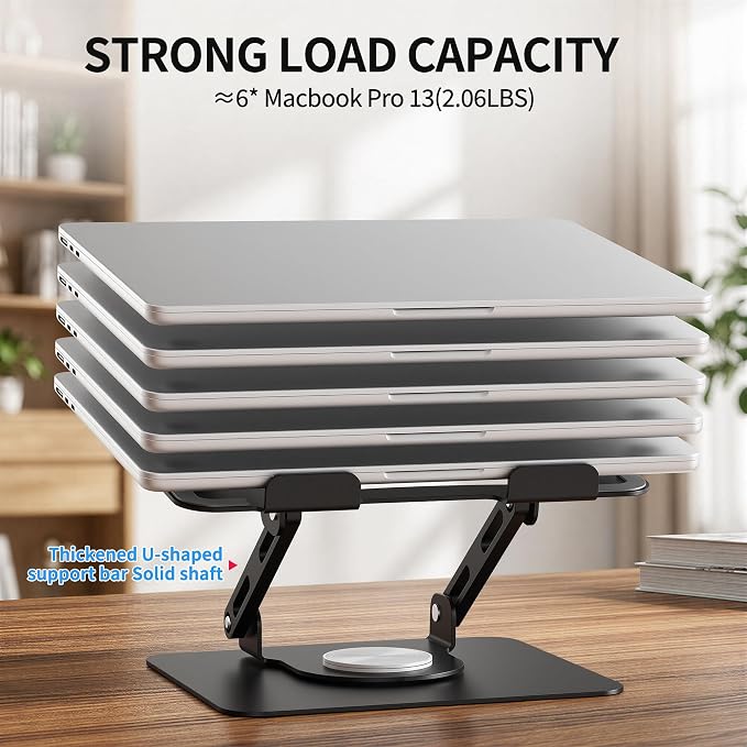 SOUNDANCE 360 Rotating Laptop Stand, Ergonomic Computer Riser for Desk, Adjustable Height Multi-Angle Metal Holder, Foldable Portable Notebook Elevating Base for Office & Home, Black - Image 4