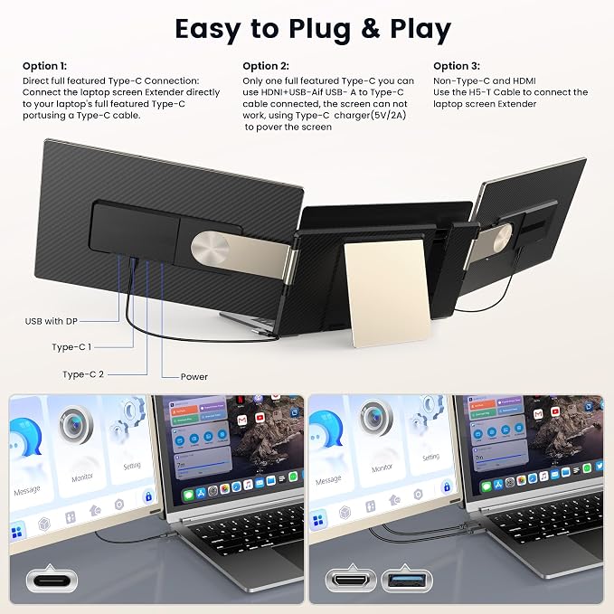 15.6" Laptop Screen Extender, 1080P FHD IPS Triple Portable Monitor, Detachable & Multiple Modes, USB-C/HDMI Plug-Play Monitor Extender for Mac/Win/Android, Fits 13-17" Laptops - Image 5