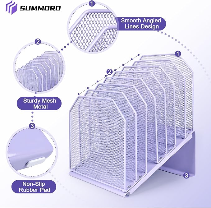 SUMMORO Inclined File Organizer for Desk, 7-Section Vertical File Holder | Office Desk Organizer Metal Rack File Folder, Wire Mesh Desktop Document Sorter, for Office School Classroom Home (Purple) - Image 5