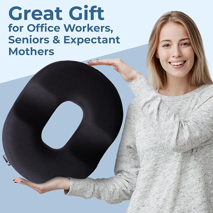 5 STARS UNITED Donut Pillow for Tailbone Pain & Hemorrhoids – Large Memory Foam Seat Cushion with Cooling Gel Layer for Bed Sore-Prone Areas & Pressure Relief – Black Mesh Cover - Image 8