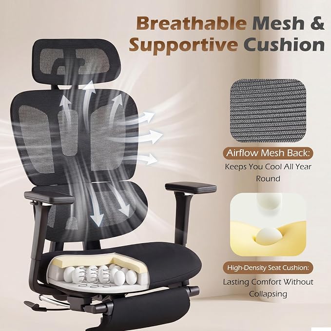 Ergonomic Office Chair with Footrest and Dynamic Lumbar Support, Black | Reclining high-back computer chair, memory foam seat, 4D armrests, 2D headrest, mesh desk chair for home office, long hours - Image 7