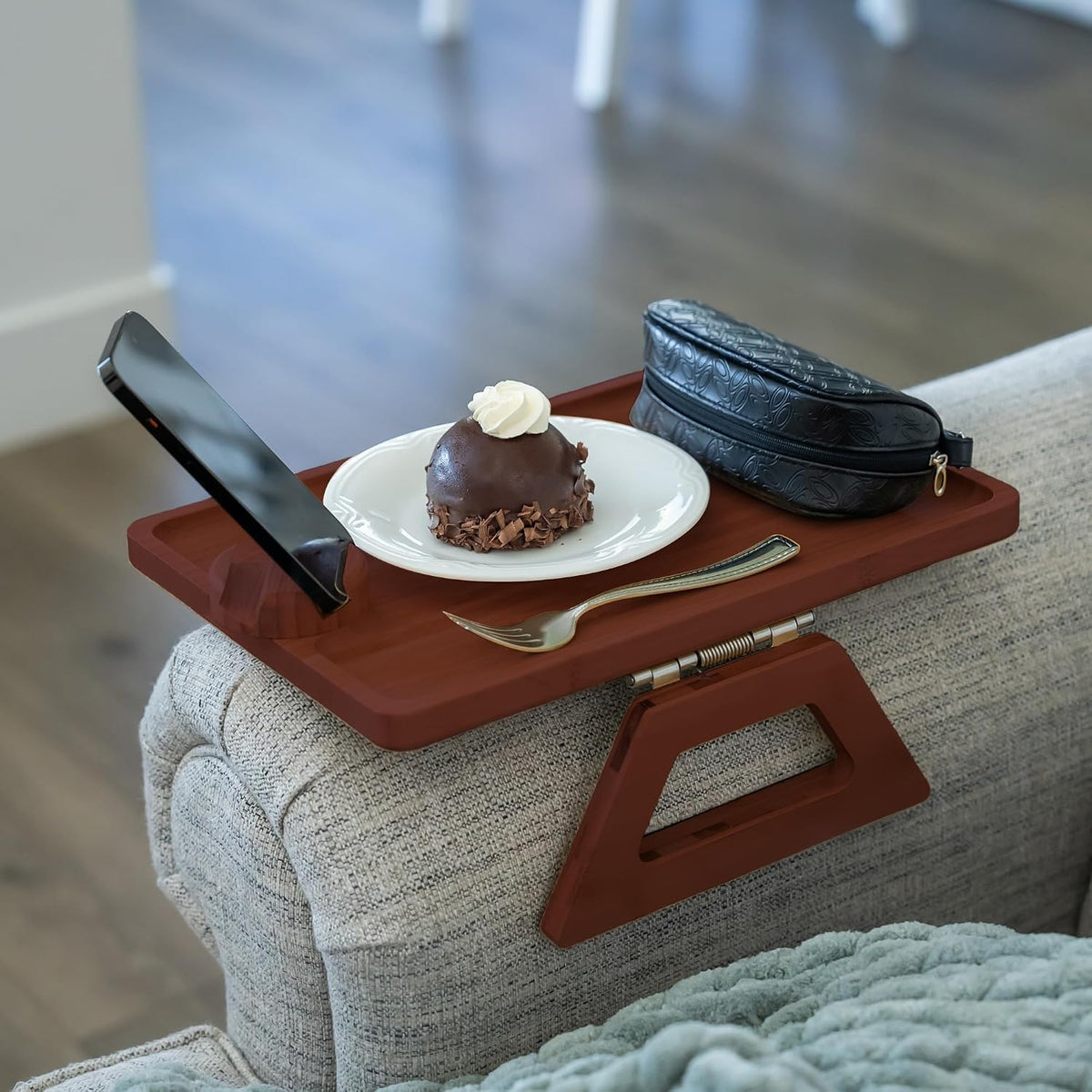 Bamboo Couch Arm Table with Device Holder, Clip On Tray. for TV Dinners, Remotes, Drinks, Snacks and Small Spaces (Rectangular with Device Holder, Brown, Large 15.75 x 11) - Image 2