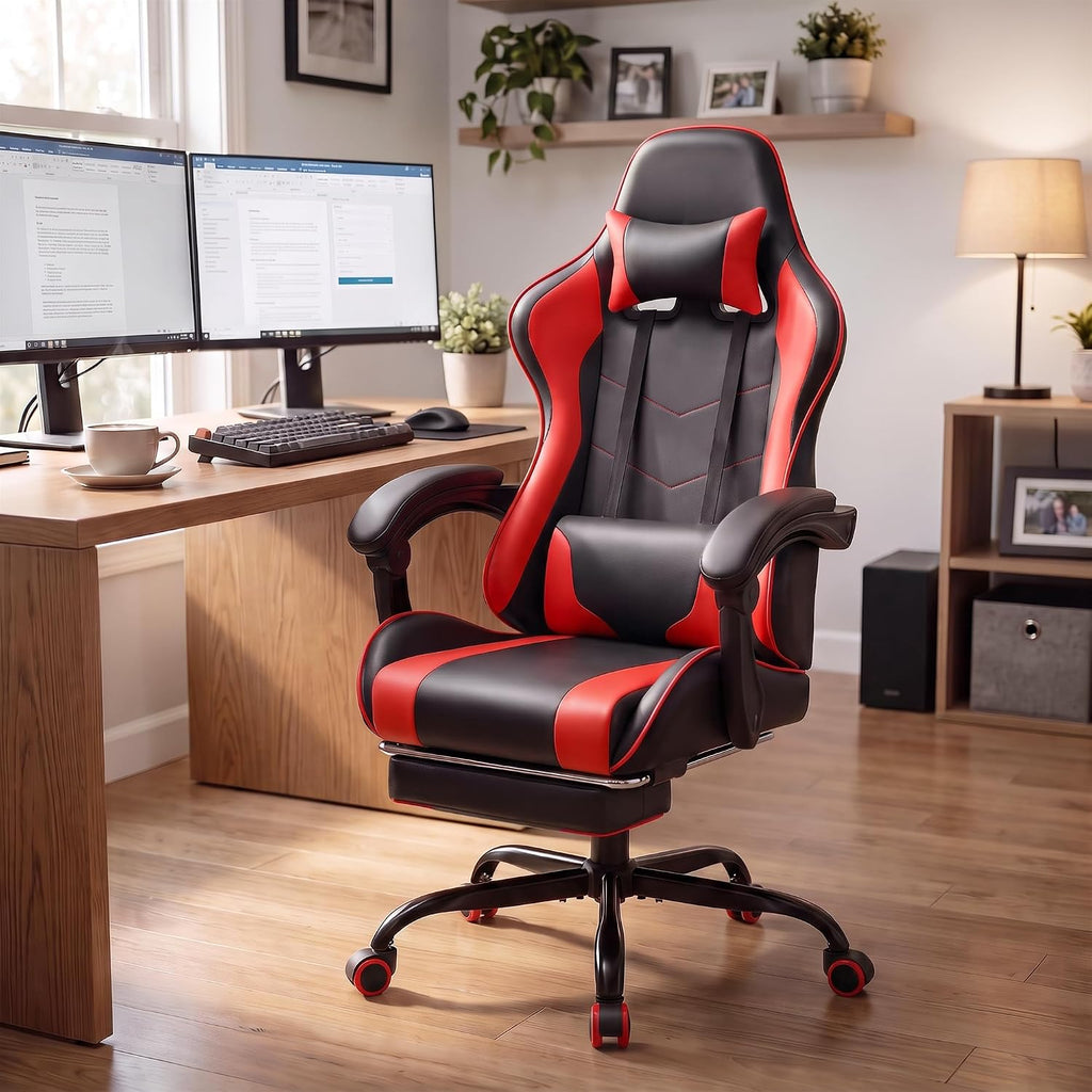 Homall Gaming Chair, Ergonomic, Footrest & Massage Lumbar Support, Red - Image 2