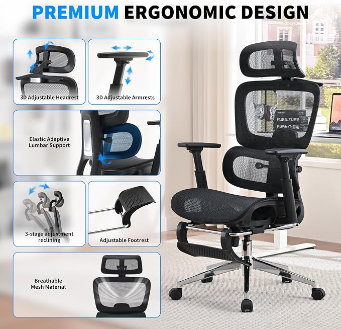 Mesh Ergonomic Office Chair with Footrest, Black | High Back, Lumbar Support, Adjustable Headrest and Armrests, Gaming Chair,Home Office Desk Chair - Image 3