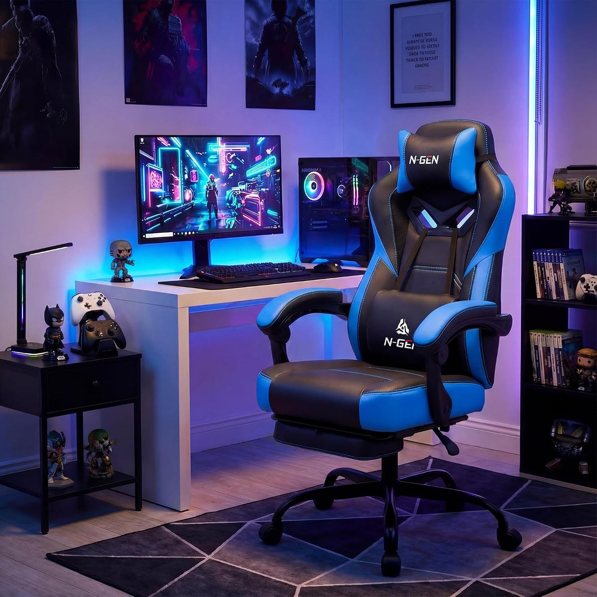 N-GEN GAMING Big & Tall Gaming Chair with Footrest, Lumbar Support, Blue - Image 2