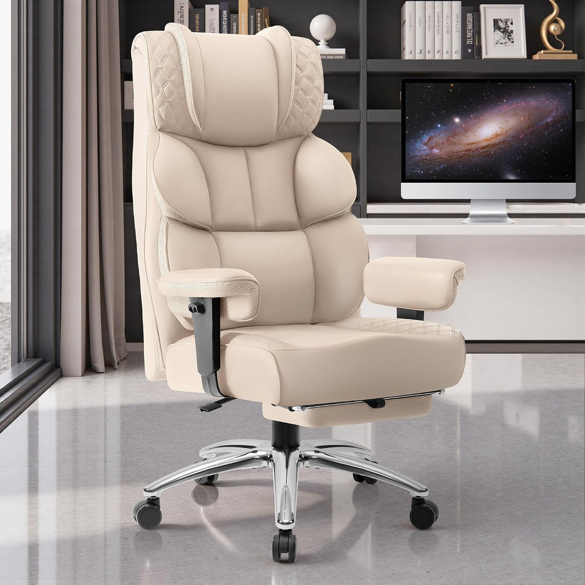 Office Desk Chair, Big and Tall Leather Gaming Chair with Footrest, Wide Ergonomic Comfy Executive High-Back Reclining Computer Chairs, Swivel Rolling Wheels and Padded Lumbar Support, Beige by BestGlory