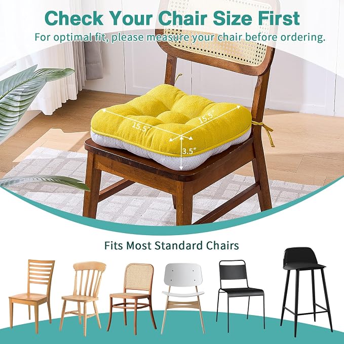 BETU Chair Cushions for Dining Chairs Set of 4,3.5" Thick Kitchen Table Chair Pads with Ties,Non Slip Backing and Covers, Seat Cushion for Dining Room,Bar,Patio Chairs,15.5"X15.5"X3.5",Gold - Image 4