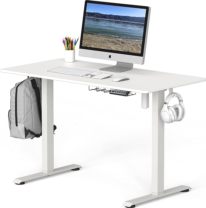SHW 48-Inch Electric Height Adjustable Sit to Stand Desk, White | with Hanging Hooks and Cable Management, White Frame and White Top by SHW